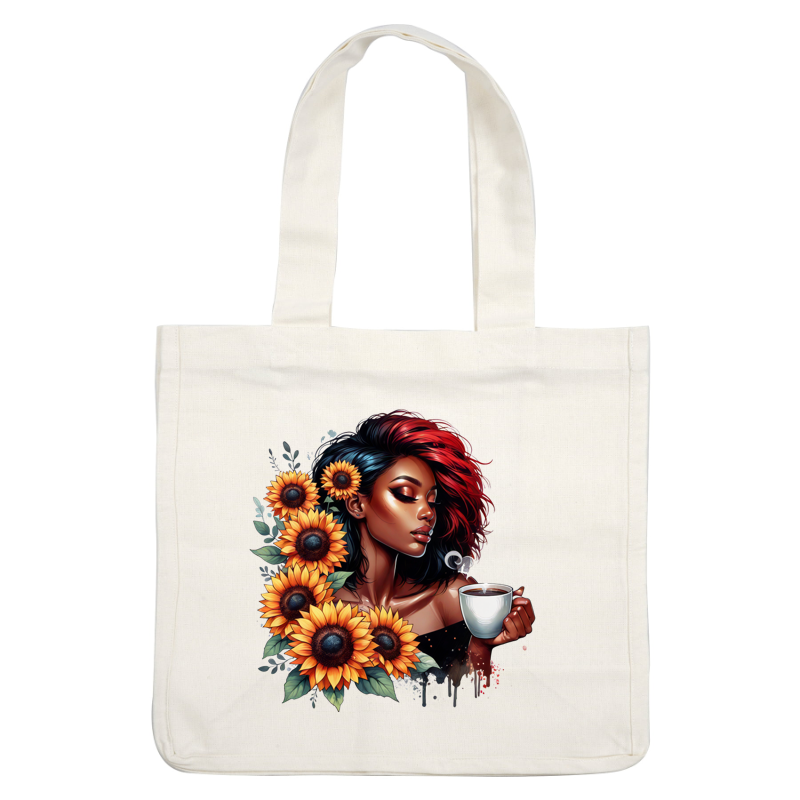 A stunning illustration of a woman with vibrant red and black hair, enjoying coffee amidst bright sunflowers. dtf prints