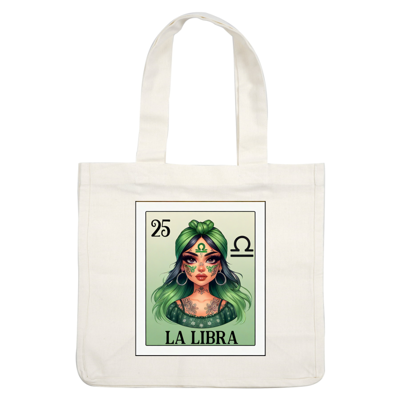 This vibrant illustration features a woman with green hair and intricate tattoos, embodying the Libra zodiac sign.