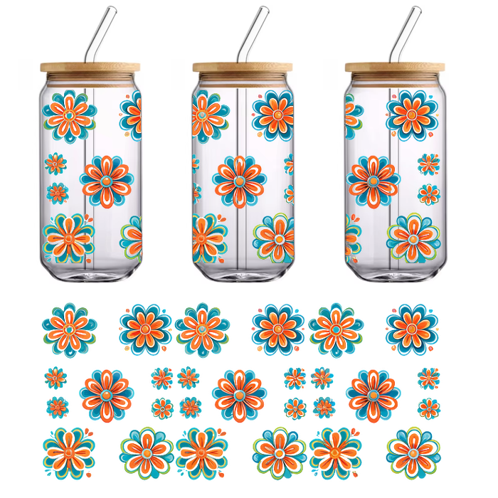 A vibrant collection of floral designs features bold turquoise and orange blossoms, showcasing various sizes and cheerful patterns.UV Transfers dtf prints