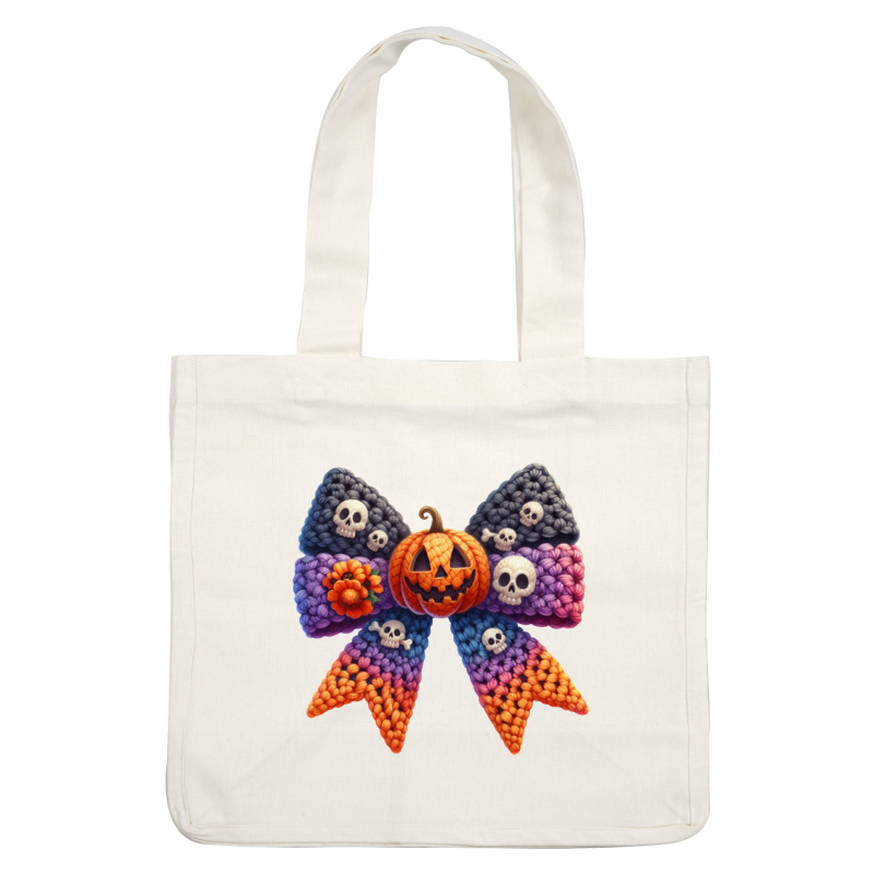 A vibrant Halloween bow featuring a smiling pumpkin, skulls, and colorful braided patterns, perfect for festive celebrations! dtf transfers
