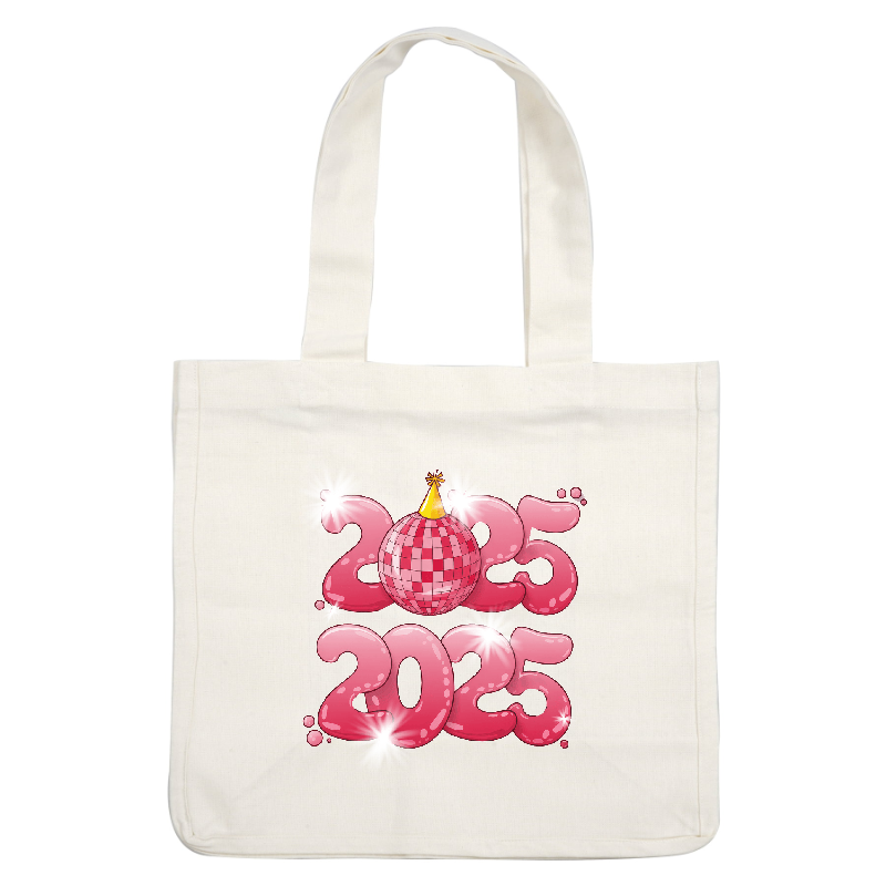 Festive illustration featuring bold pink "2025" numbers topped with a sparkling disco ball and a party hat, radiating celebration vibes.DTF Transfers