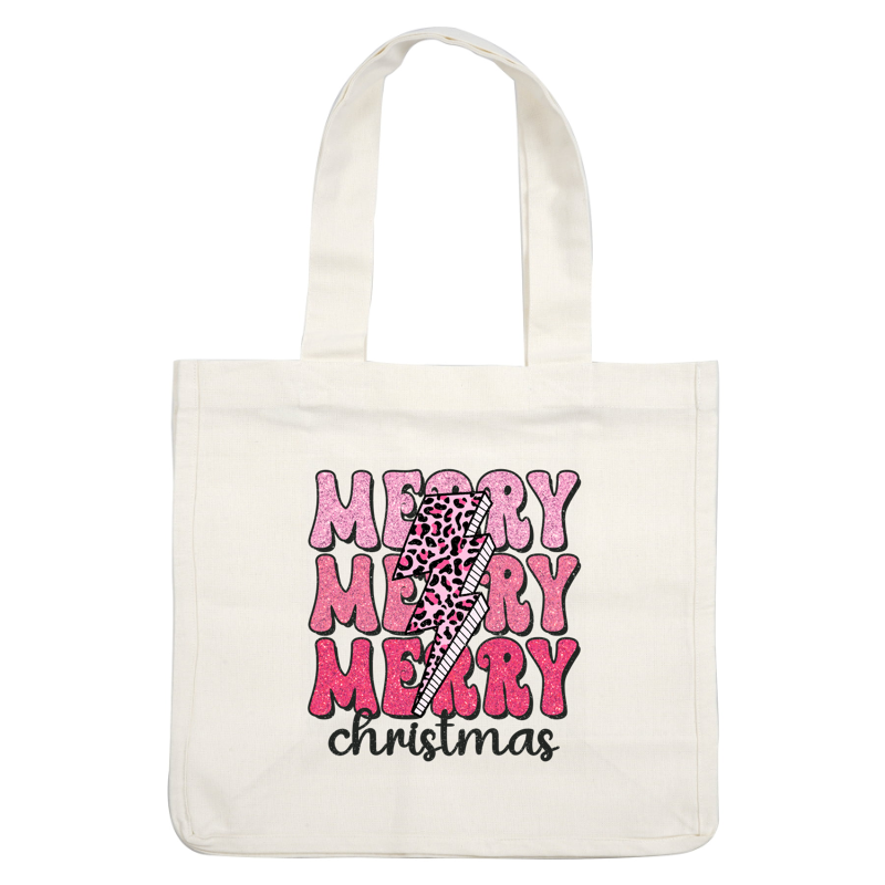 Festive "Merry Christmas" design featuring bold glittery text and a stylish pink leopard print lightning bolt. heat press transfers