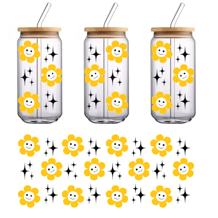 A pattern of yellow face-shaped flowers on a green background.UV Transfers