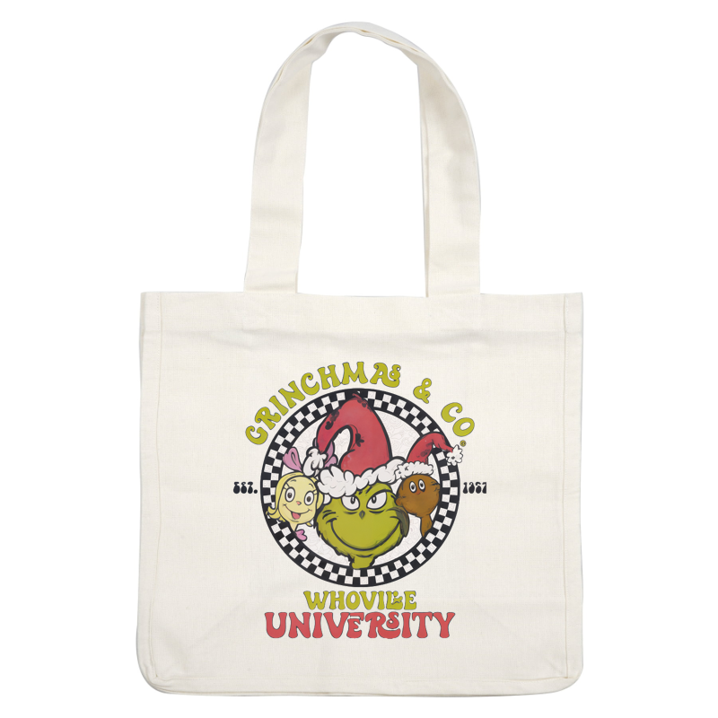 Una ilustración extravagante que presenta al Grinch y sus compañeros de vacaciones, que muestra "Grinchmas & Co." de la Universidad Whoville. Transferencias DTF