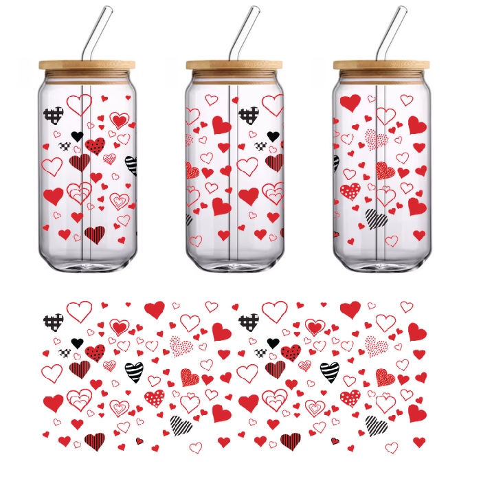 The wallpaper features red black heart patterns in various sizes.UV Transfers