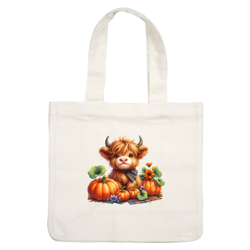 A cute Highland cow with a fluffy coat poses among vibrant pumpkins and colorful flowers, exuding autumn charm. dtf prints