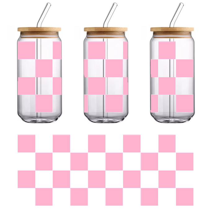 A pink and green quilt with a striped pattern.UV Transfers