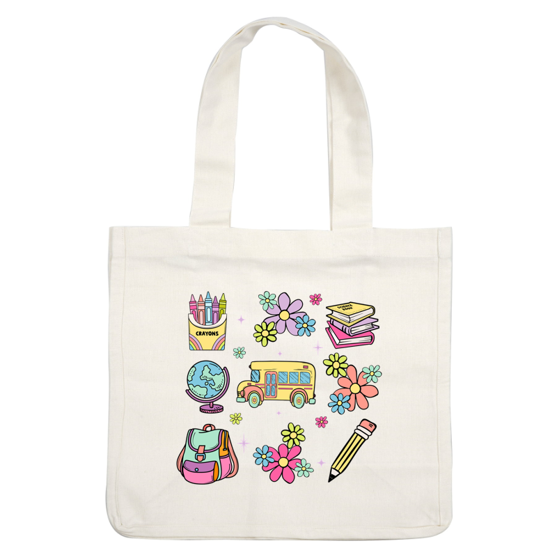 A vibrant school-themed illustration featuring crayons, a globe, books, a yellow school bus, a backpack, flowers, and a pencil.DTF Transfers