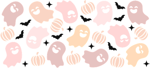 Un patrón divertido que presenta fantasmas y calabazas alegres y sonrientes en suaves colores pastel, perfecto para una temática de Halloween. Transferencias UV