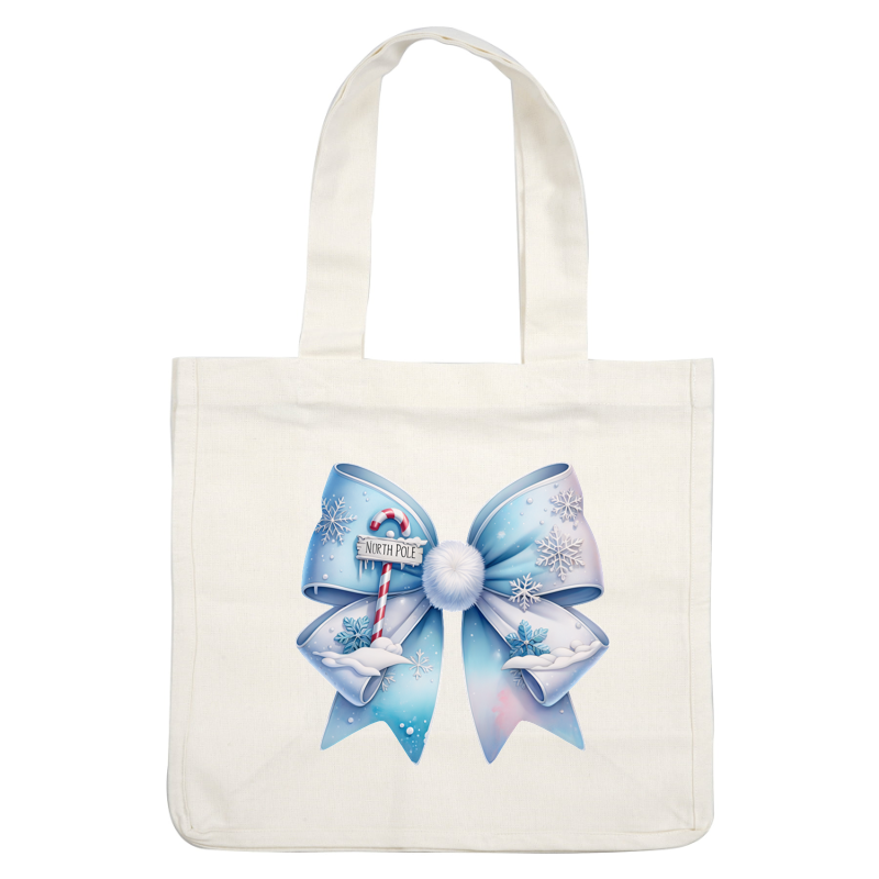 A festive blue bow featuring snowflakes, a pom-pom center, and a whimsical North Pole sign with a candy cane. dtf transfers