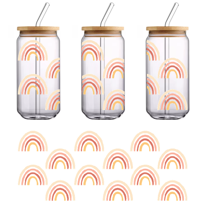 Rainbow wallpaper in soft pastel colors on a green background.UV Transfers