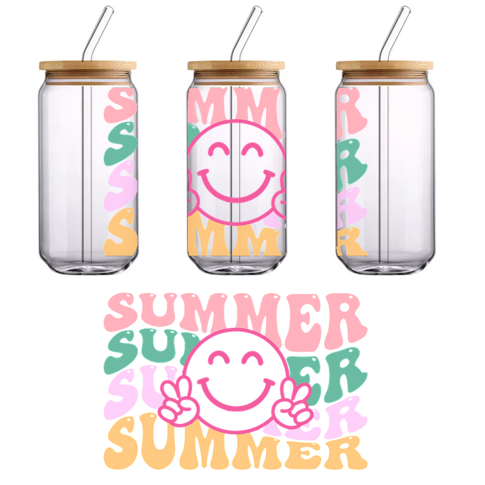 Colorful "SUMMER" text layered with a happy smiley face making peace signs, perfect for capturing the fun vibe of the season!UV Transfers dtf prints