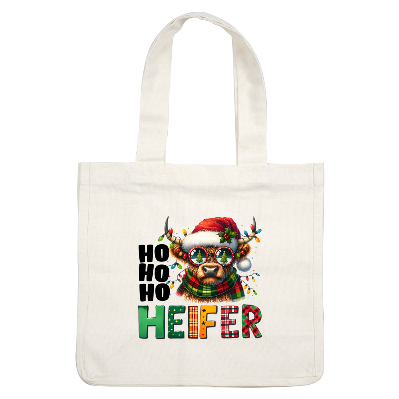 This whimsical illustration features a festive heifer wearing sunglasses, a Santa hat, and a colorful scarf, surrounded by holiday lights.