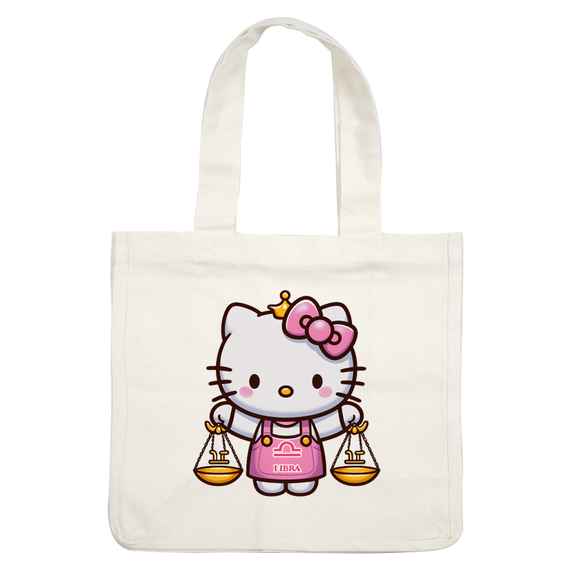 Hello Kitty está vestida con un delantal rosa con el símbolo de Libra, sosteniendo una balanza y luciendo su lazo característico. Transferencias DTF