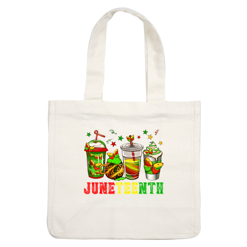 Celebrate Juneteenth with vibrant drink designs featuring colorful beverages and butterflies, showcasing joyous colors of red, green, and yellow.dtf regular iron
