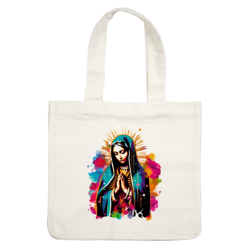 A vibrant and colorful illustration of a praying figure, adorned in a blue mantle with a radiant halo. dtf transfers