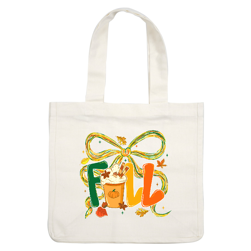 Cozy fall-themed illustration featuring a pumpkin spice drink and colorful leaves.DTF Transfers