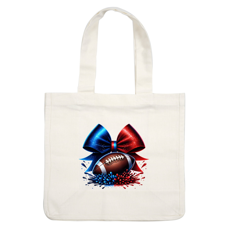 A vibrant illustration featuring a football adorned with a blue and red glittery bow, celebrating sports and festive spirit.DTF Transfers heat press transfers
