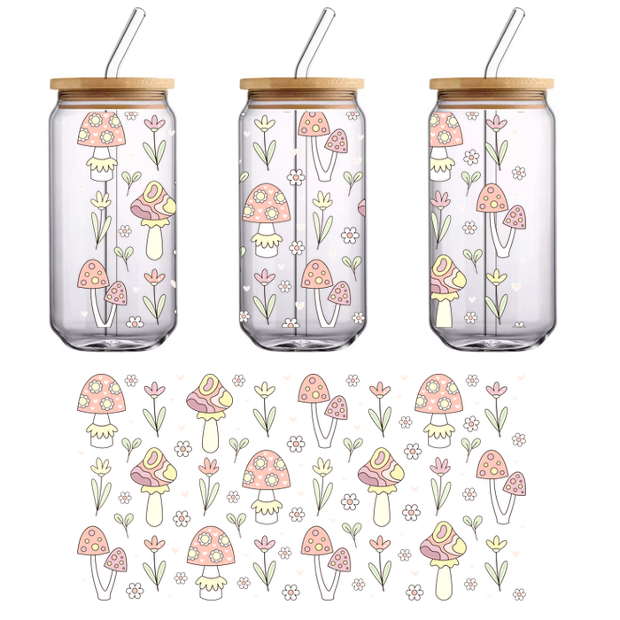 A whimsical pattern featuring colorful mushrooms and delicate flowers on a black background.UV Transfers