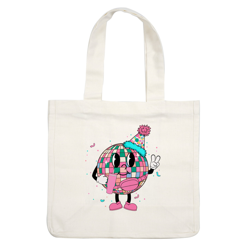 A cheerful cartoon disco ball character wearing a party hat, holding a drink, and striking a peace sign for festive fun!DTF Transfersdtf regular iron