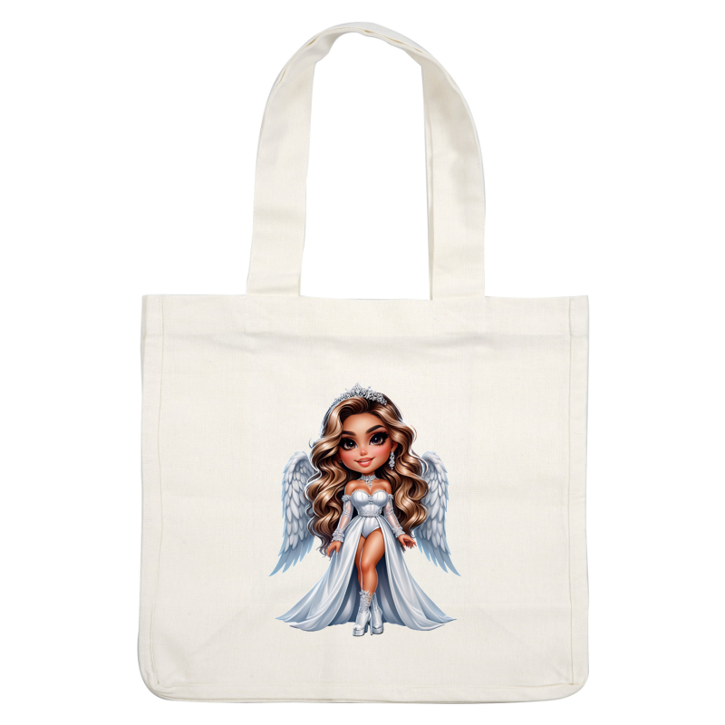 A charming angel doll in a glamorous white gown, featuring flowing wings, long hair, and sparkling accessories. dtf transfers