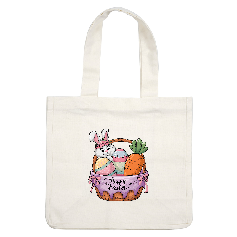 A cheerful Easter basket featuring a cute bunny, colorful eggs, and a bright carrot, adorned with a “Happy Easter” ribbon.DTF Transfers