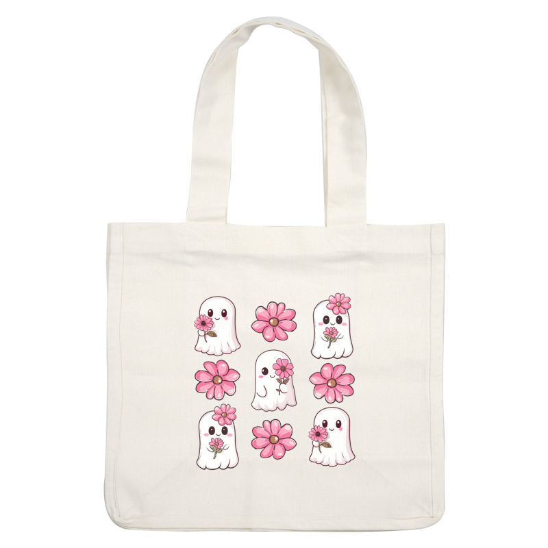 A charming pattern featuring cute, cartoonish ghosts playfully holding pink flowers, perfect for a whimsical aesthetic.dtf regular iron