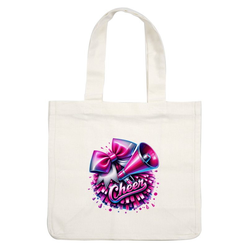 A vibrant graphic featuring a cheerleading megaphone, pink bows, and a cheerful "Cheer" design, perfect for spirited events.DTF Transfers heat press transfers