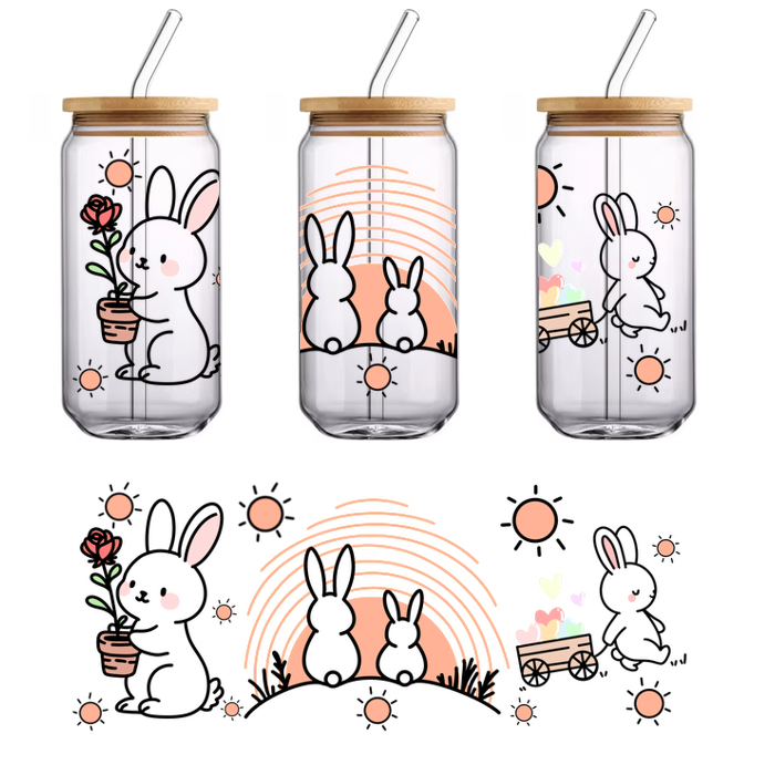 Black background with bunnies, rainbow and vibrant think bubbles and bouquet of flowers.UV Transfers