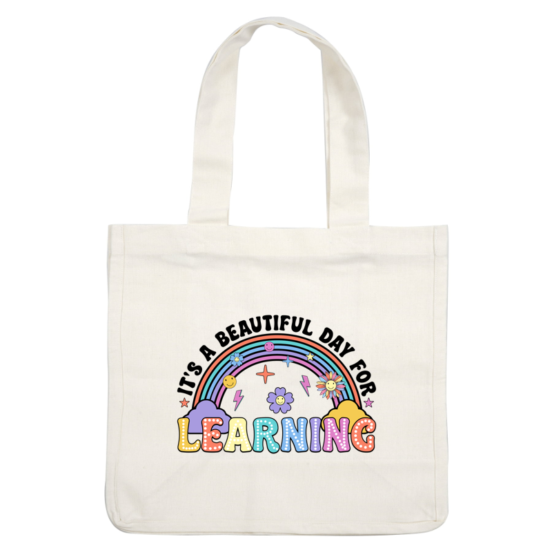 A colorful, playful design featuring the word "LEARNING" under a vibrant rainbow, adorned with cheerful flowers and smiling clouds.DTF Transfers