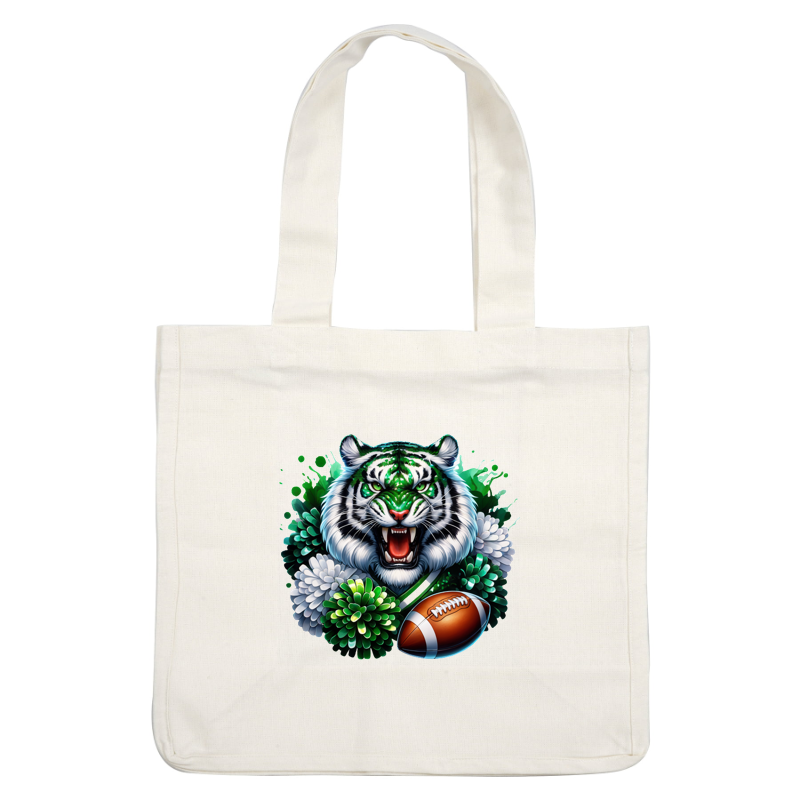 A fierce tiger head with vibrant green stripes roars amid colorful flowers and a football, showcasing a bold sports theme.DTF Transfers dtf transfers