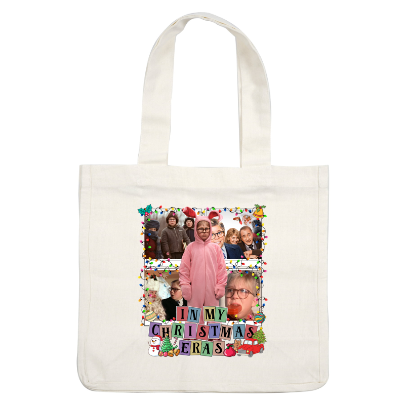 A festive collage featuring a child in a cozy pink bunny costume, surrounded by holiday-themed decorations and classic Christmas scenes.DTF Transfers dtf transfers dtf prints