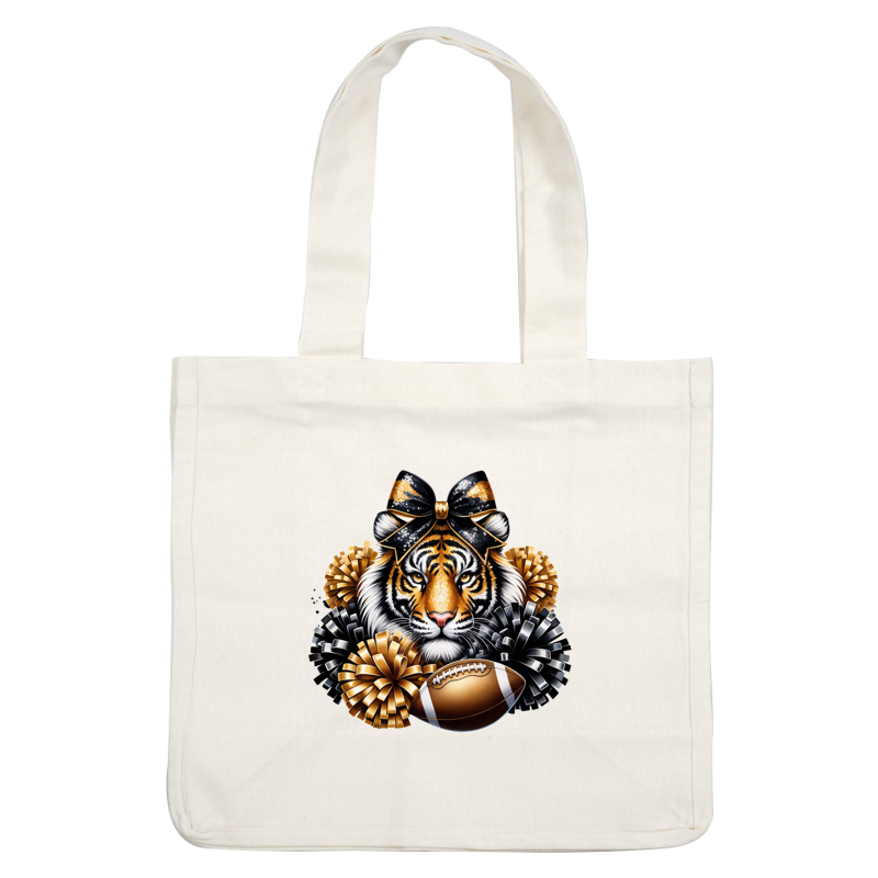 Una ilustración vibrante de un tigre con un lazo, rodeado de pompones dorados y negros, con una pelota de fútbol en el centro. Transferencias DTF