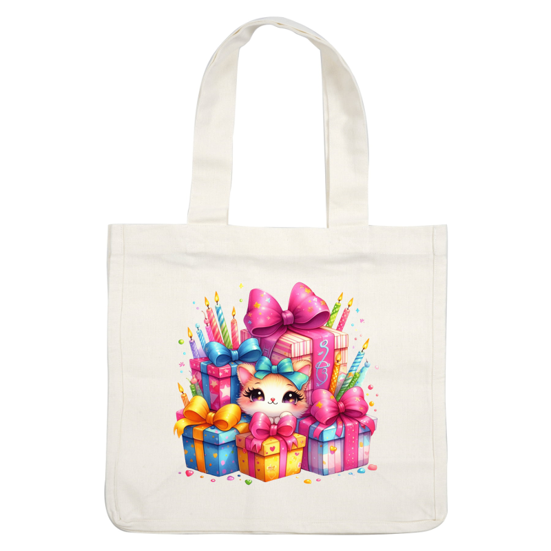 A cute kitten peeks out from behind colorful gift boxes adorned with vibrant bows and festive candles, perfect for celebrations!DTF Transfers