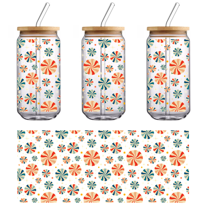 Patrones coloridos y divertidos de círculos y estrellas que giran sobre un fondo oscuro, creando un efecto visual vibrante. Transferencias UV