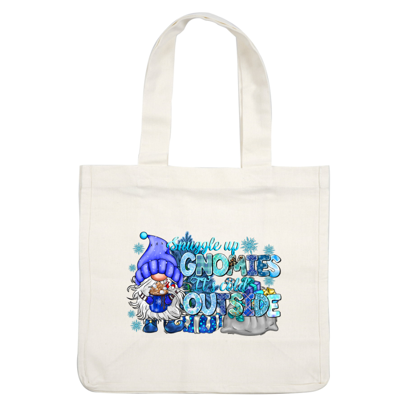 Cozy winter-themed illustration featuring a gnome with a blue hat holding a mug, surrounded by festive gifts and snowflakes.DTF Transfers dtf transfers