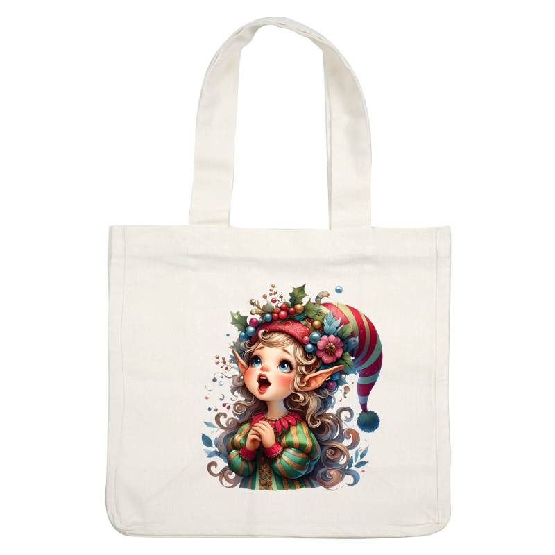 A whimsical elf girl with flowing hair and cheerful expression, adorned in colorful clothing and a festive hat, surrounded by greenery.DTF Transfersdtf regular iron