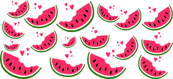 Un patrón divertido de coloridas rodajas de sandía y lindos corazones, ¡perfecto para un ambiente veraniego divertido! Transferencias UV