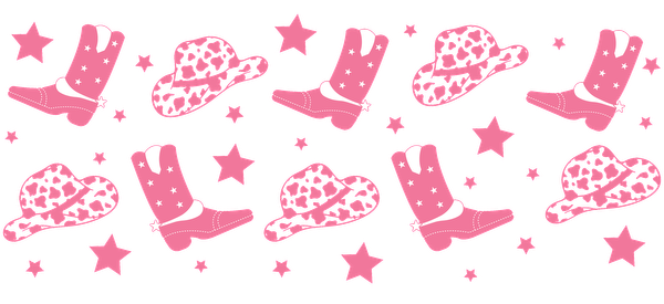 Un patrón divertido que presenta sombreros y botas de vaquero rosas adornados con estrellas, perfecto para un diseño divertido con temática del oeste. Transferencias UV