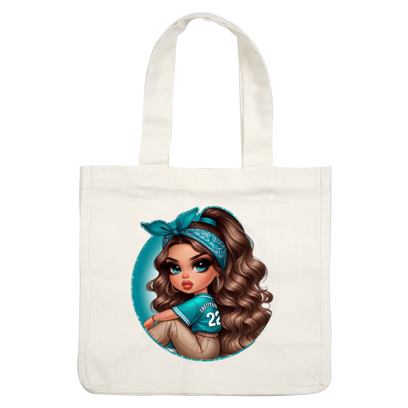 This vibrant illustration features a stylish character in a blue jersey with a playful bandana and voluminous curls.