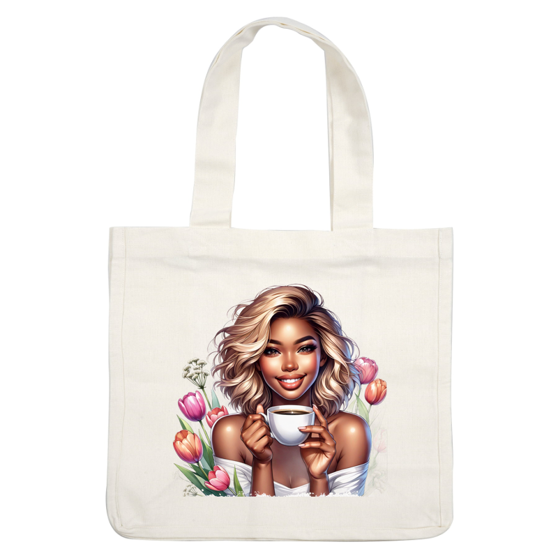 A cheerful woman with beautiful, wavy blonde hair holds a steaming cup of coffee surrounded by vibrant tulips. dtf transfers