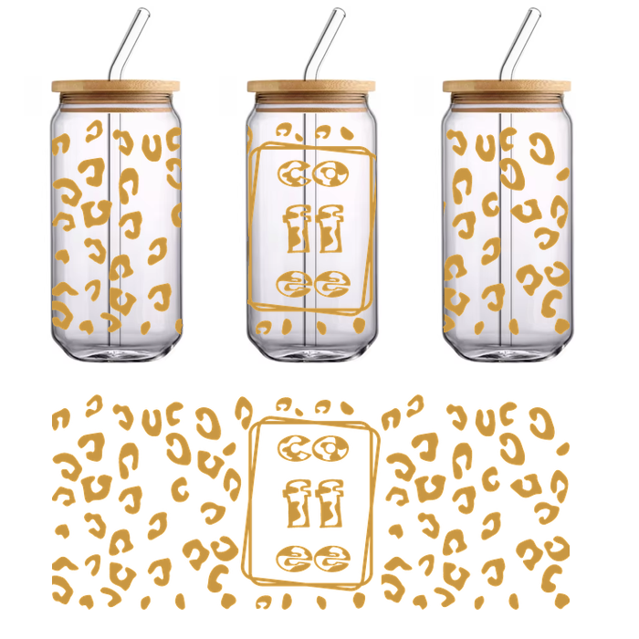 Una ilustración vibrante y divertida que presenta un marco rectangular con el texto "Go" y "If" rodeado de patrones de estampado de leopardo dorados y animados. Transferencias UV