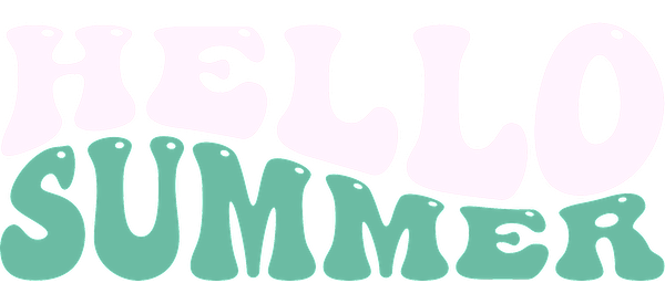 Un gráfico colorido "Hola verano" con letras onduladas y divertidas en rosa y verde para una atmósfera veraniega alegre. Transferencias UV