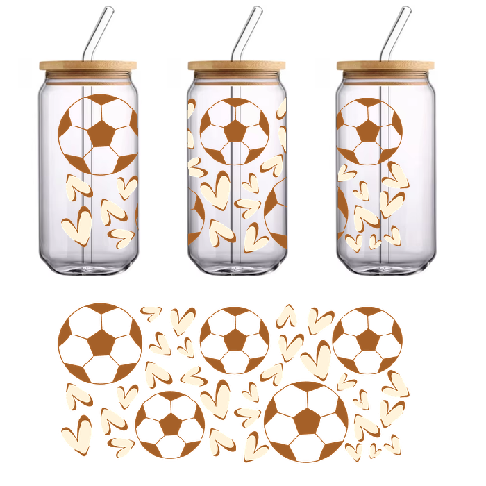 A digitally designed lemon brown soccer balls on a green background.UV Transfers