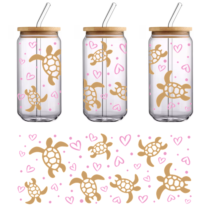 A whimsical pattern featuring gold sea turtles and pink hearts, perfect for adding a playful touch to any design.UV Transfers dtf transfers