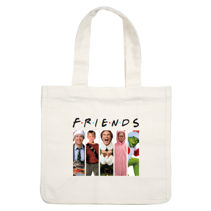 A fun collage featuring characters in festive attire from popular holiday-themed shows, celebrating friendship and holiday spirit.DTF Transfers heat press transfersdtf regular iron