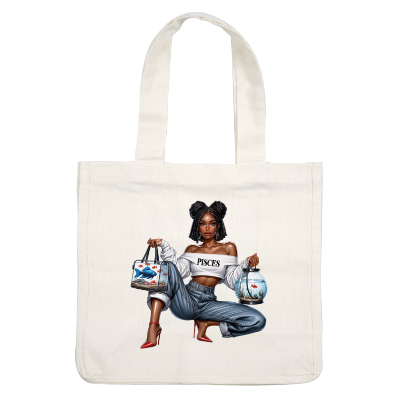 A fashionable young woman wearing a "Pisces" shirt and stylish red heels holds a fish-patterned bag and a fishbowl. dtf transfers