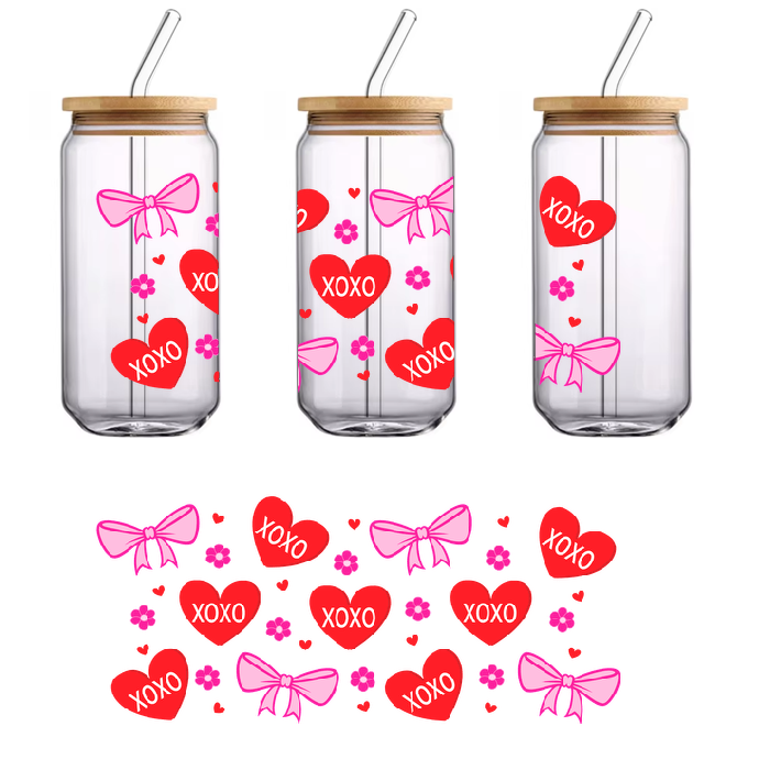 Valentine's Day themed stickers with hearts, bows, and flowers.UV Transfers