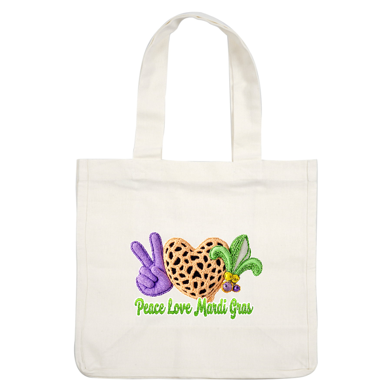 《3D chenille-like》Colorful Peace Love Mardi Gras sign featuring teal background and bold text."DTF Transfers