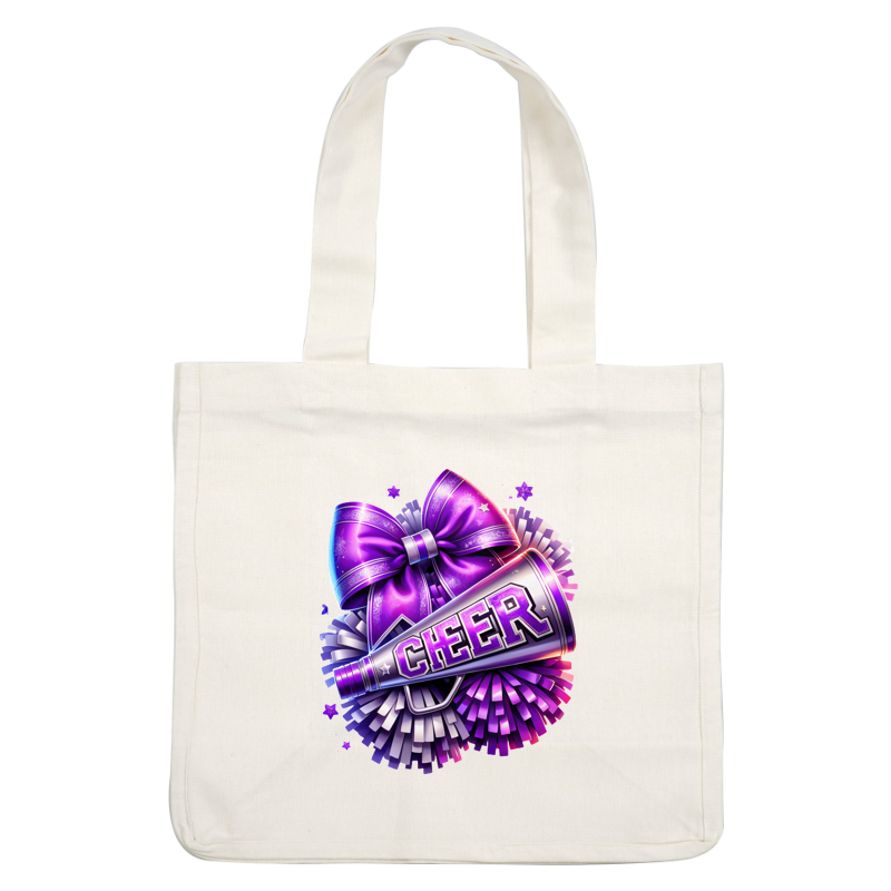 A vibrant cheerleader design featuring a megaphone adorned with the word "CHEER," complemented by a purple bow and colorful pom-poms.DTF Transfers heat press transfers